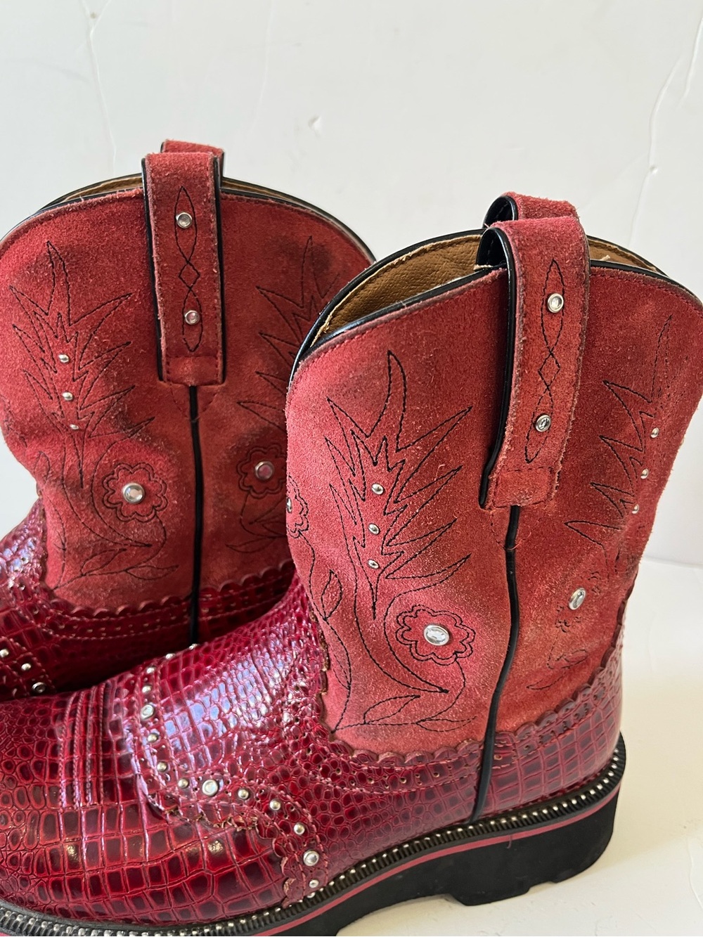 Ariat fatbaby Red suede faux croc Embossed Western cowboy boots size 8B - Picture 9 of 10